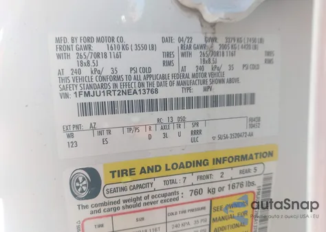 2022 Ford Expedition Timberline z USA, uszkodzony, nr VIN 1FMJU1RT2NEA13768